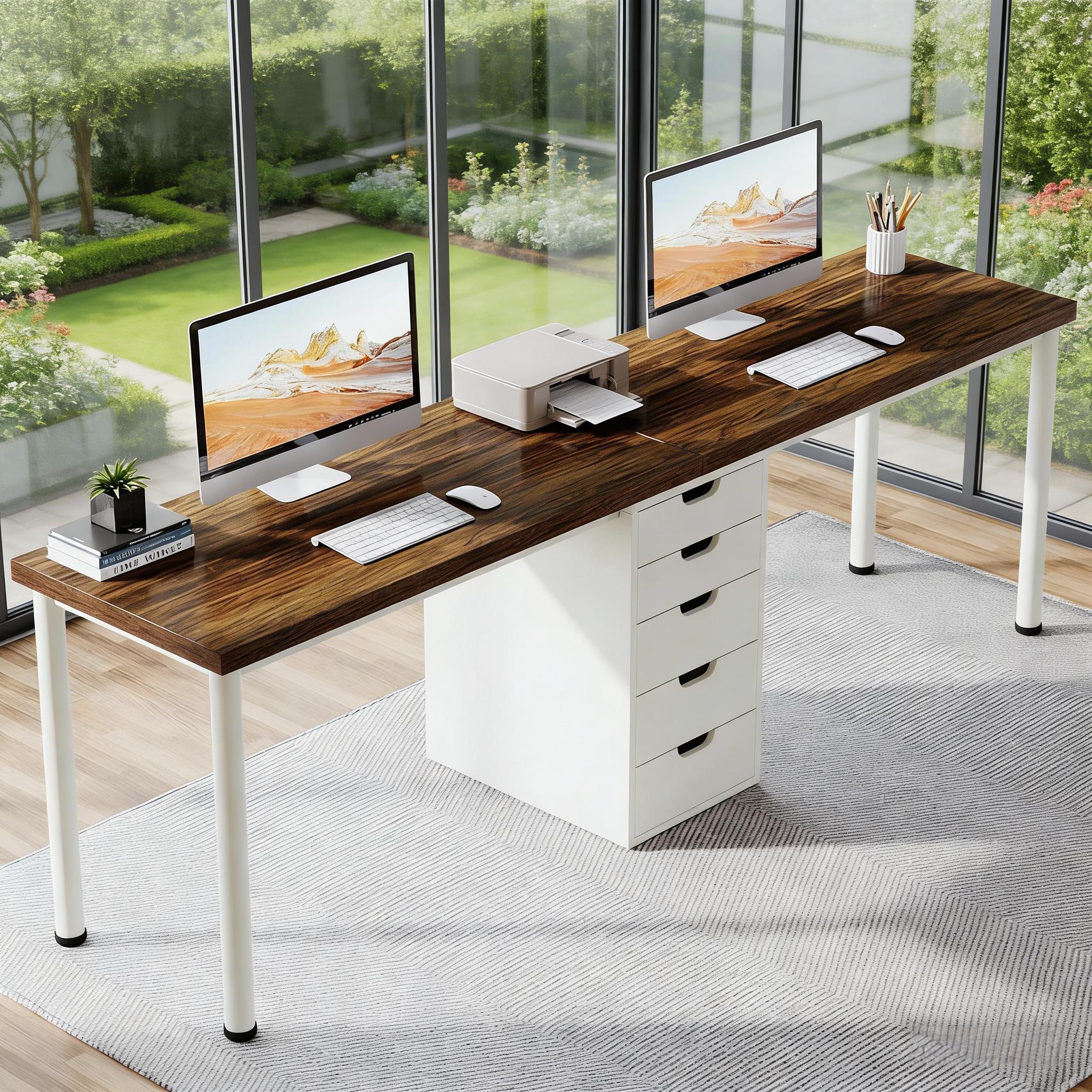 Two Person Desk, Long Computer Desk With 5 Drawers_voghion.com